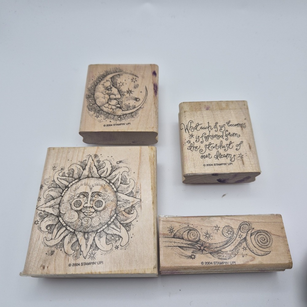 Stampin' Up! Celestial 2004 Sun Moon Stars Complete Set 4 Wood Rubber Stamps